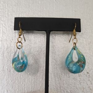 Murano Glass Blue and Gold Teardrop Hook Earrings